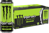 Monster Rehab lata frontal mostrando diseño y ventaja baja en calorías