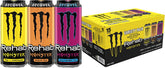 Monster Rehab pack frontal mostrando las tres variantes y beneficio de hidratación