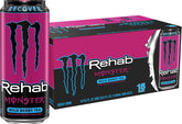 Monster Rehab lata frontal mostrando la etiqueta y sabor frutos del bosque, clara identificación del producto