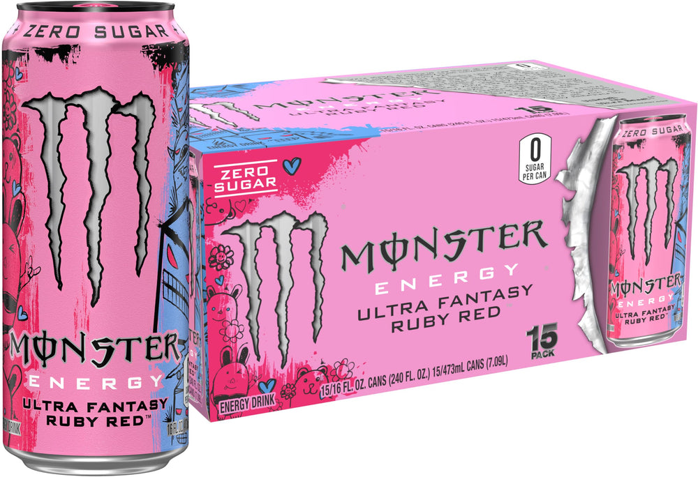Monster Ultra Fantasy Ruby Red lata frente, refresco sin azúcar listo para consumir