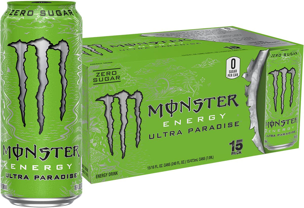 Monster Ultra Paradise frente de lata mostrando diseño tropical y beneficio refrescante