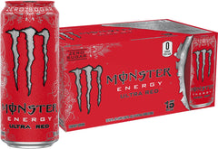 Monster Ultra Red pack de 15 latas mostrando el frente y beneficios refrescantes