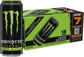 Monster lata frontal verde presentación pack 15 con diseño original y sabor sin azúcar