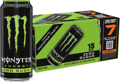 Monster lata frontal verde presentación pack 15 con diseño original y sabor sin azúcar