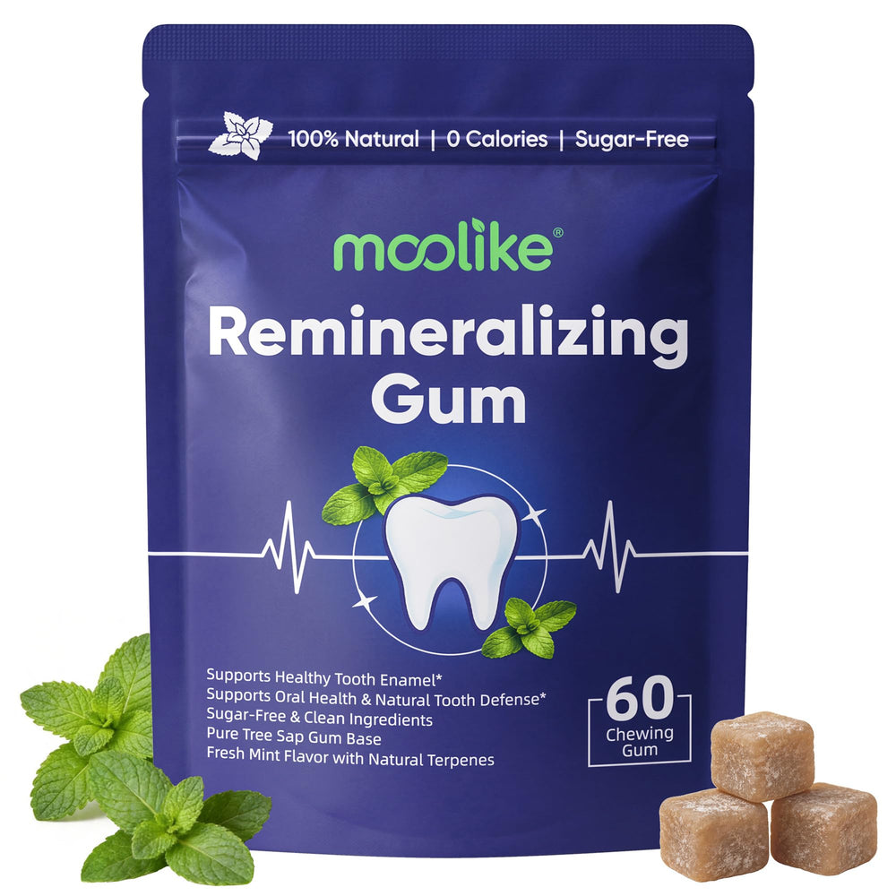 Moolike frente del empaque mostrando 60 piezas y beneficios remineralizantes