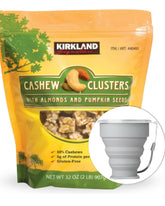 MORALZA frente del paquete Kirkland Cashew Clusters mostrando tamaño y presentación