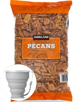 MORALZA Kirkland paquete frontal mostrando 2 lb de pacanas frescas y crujientes