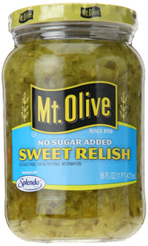 Mt. Olive frasco frontal de 16 oz mostrando etiqueta y beneficio sin azúcar añadida