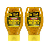 Mt. Olive envase frontal del relish exprimible mostrando etiqueta y tamaño práctico