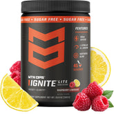 MTN OPS envase frontal de Ignite Lite mostrando sabor frambuesa-limonada y beneficios