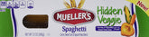 Mueller's paquete frontal mostrando espagueti con vegetales, conveniencia para familias
