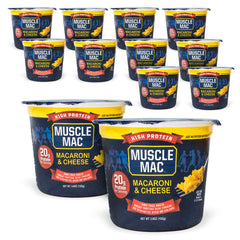 MUSCLE MAC vista frontal del paquete mostrando 12 tazas y beneficio práctico