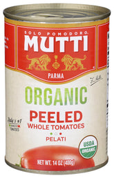 Mutti pelati frente de lata mostrando marca y beneficio de sabor fresco