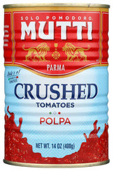 Mutti Polpa lata al frente mostrando etiqueta italiana y sabor fresco