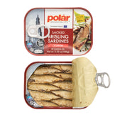 MW Polar lata frontal de sardinas brisling mostrando diseño y tamaño práctico