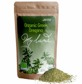 MY LAND envase frontal de orégano griego ecológico mostrando peso 50 g y sello natural