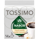 NABOB paquete frontal 14 T-Discs mostrando compatibilidad Tassimo y conveniencia
