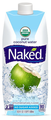Naked agua de coco frente del envase, refresco natural listo para beber