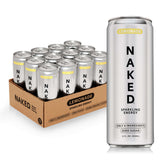 NAKED lata frontal mostrando limón y 200 mg cafeína, refresco limpio