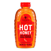 Nate's Hot Honey botella frontal con dosificador, fácil aplicación