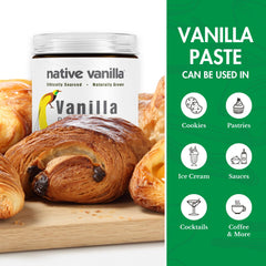 Native Vanilla etiqueta con ingredientes y certificaciones SQF, Kosher, Vegan, Non-GMO, Gluten Free
