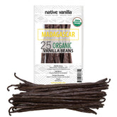 Native Vanilla frontal del empaque mostrando 25 vainas orgánicas y calidad premium
