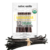 Native Vanilla paquete frontal mostrando 10 vainas orgánicas, ideal para repostería