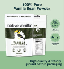 Native Vanilla polvo textura cercana con semillas y aroma concentrado