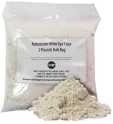 NatureJam bolsa frontal de harina de centeno blanca con etiqueta clara y conservación