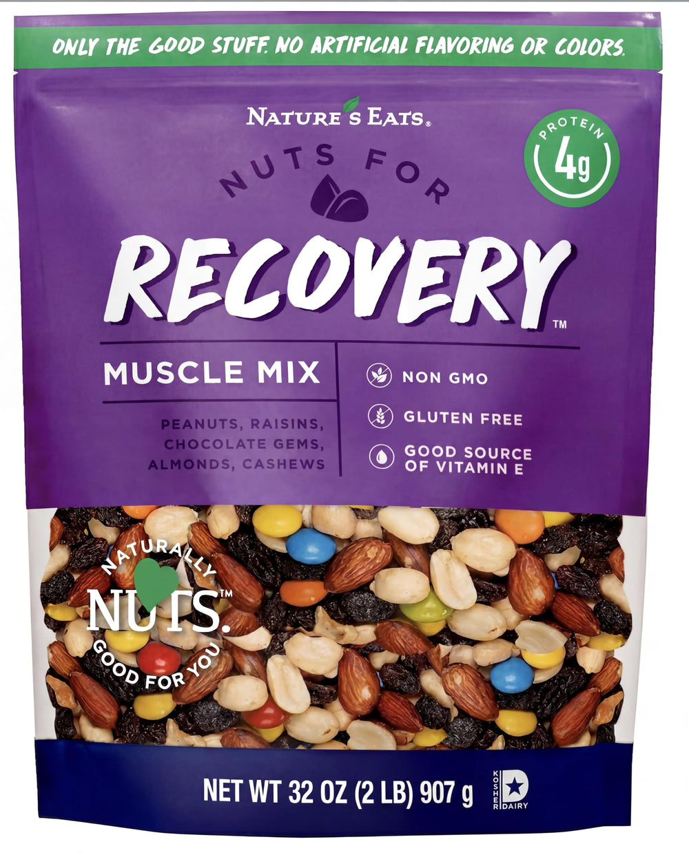 Nature's Eats envase frontal Recovery Muscle Mix 32 oz que muestra la marca y tamaño