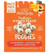 Nature's Garden empaque frontal de Yoggies mango peach mostrando 12 unidades y ventaja portátil