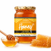 Nature's Goodness frasco frontal mostrando miel dorada y pureza