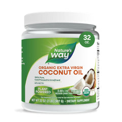 Nature's Way bote frontal mostrando aceite de coco orgánico y prcticidad