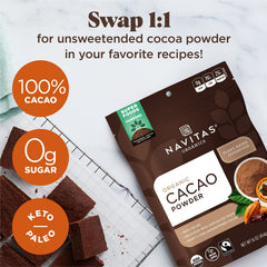 Navitas Organics vista cercana de la textura fina del cacao para mezclas