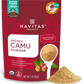 Navitas Organics bolsa frente mostrando el polvo de camu camu y su color vibrante