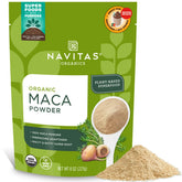Navitas Organics empaque frontal mostrando maca gelatinizada y beneficios