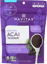 Navitas Organics botella frontal de polvo de açaí mostrando etiqueta orgánica y contenido