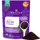 Navitas Organics polvo de açaí, paquete frontal que muestra certificaciones y tamaño