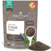 Navitas Organics vista frontal del empaque mostrando bolsa de semillas de chía y conveniencia