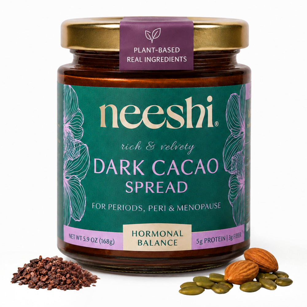 NEESHI envase delantero de Dark Cacao Spread mostrando etiqueta y beneficio hormonal