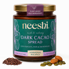 NEESHI envase delantero de Dark Cacao Spread mostrando etiqueta y beneficio hormonal