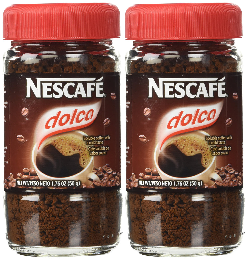 Nescafe Dolca vista frontal del envase mostrando el diseño y la marca, facilita identificación rápida