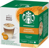 Nescafé Dolce Gusto caja frontal mostrando 12 cápsulas y diseño Starbucks, conveniencia en casa