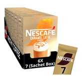 Nescafé latte frontal del paquete mostrando conveniencia y suministro
