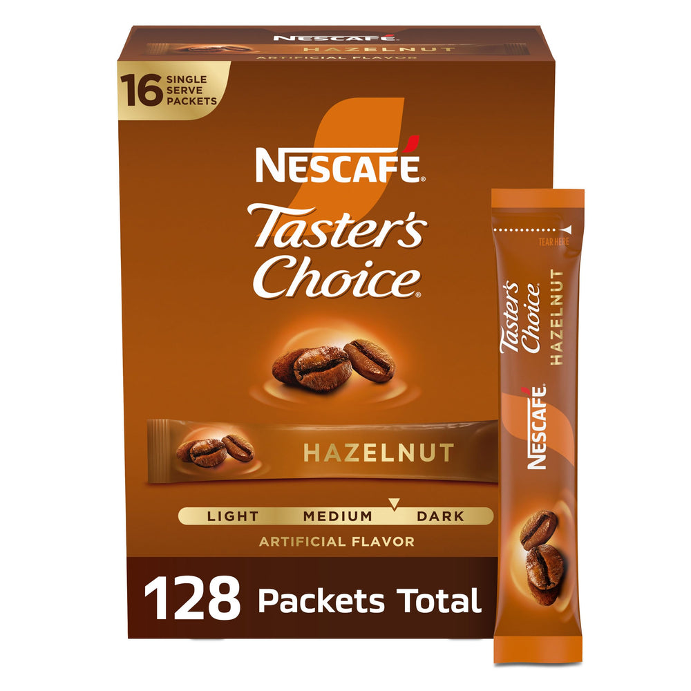 NESCAFÉ empaque frontal mostrando 8 cajas y 128 sobres, conveniencia inmediata