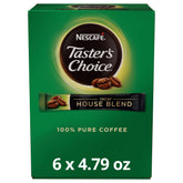 Nescafé Taster's Choice frente del empaque mostrando 6 cajas, conveniencia