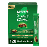 NESCAFÉ Taster's Choice frente del empaque mostrando 8 cajas y 128 sobres beneficios conveniencia