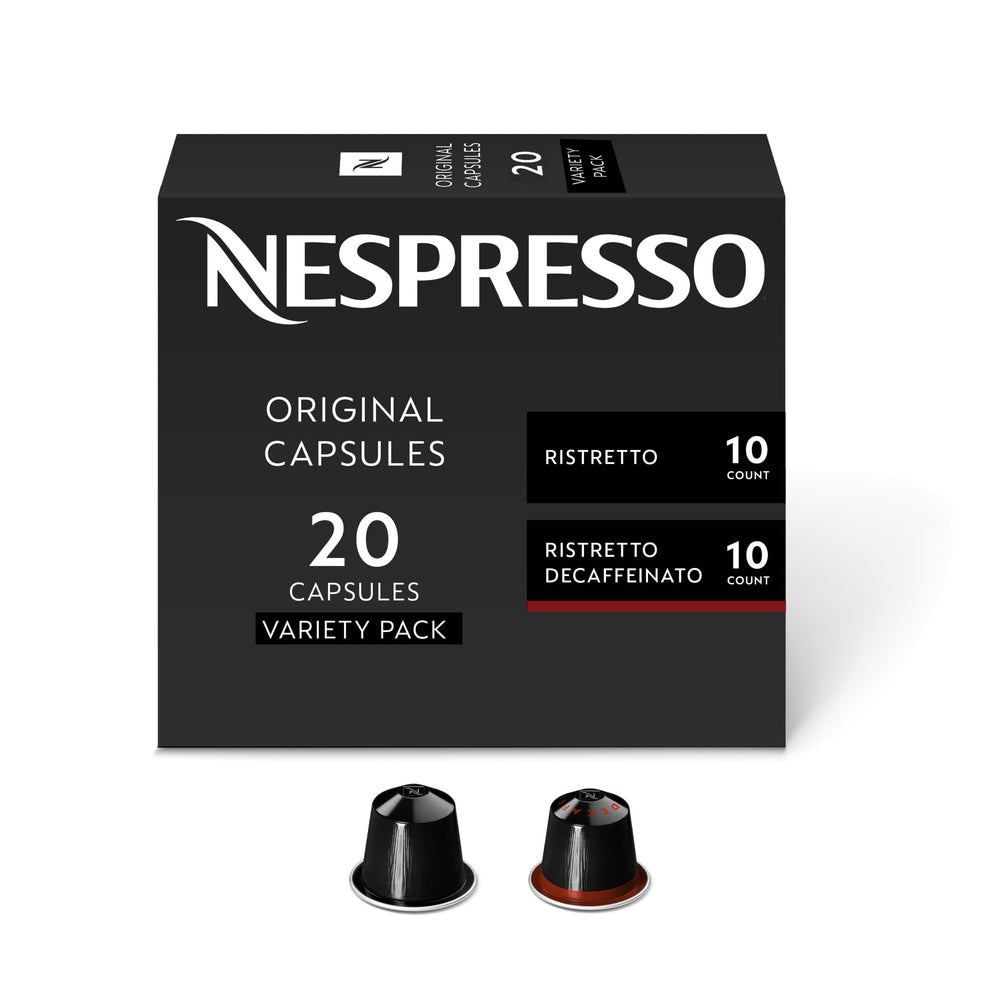 Nespresso pack frontal mostrando 20 cápsulas y beneficios de intensidad
