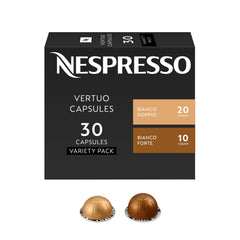 Nespresso Vertuo pack frontal mostrando 30 cápsulas y envase, variedad visible