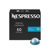 Nespresso Vertuo frontal paquete mostrando 50 cápsulas y beneficio conveniencia